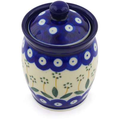 Polish Pottery Jar with Lid 4&quot; Pushing Daisy Peacock