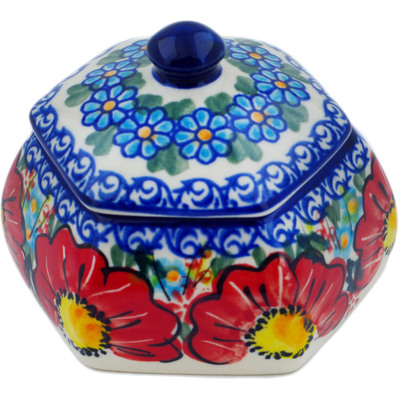 Polish Pottery Jar with Lid 4&quot; Red Hibiscus UNIKAT