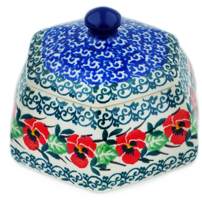 Polish Pottery Jar with Lid 4&quot; Red Pansy