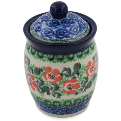 Polish Pottery Jar with Lid 4&quot; Red Rose Buds UNIKAT