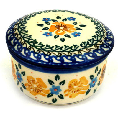 Polish Pottery Jar with Lid 4&quot; Sea Fall Yellow Flowers