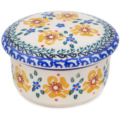 Polish Pottery Jar with Lid 4&quot; Sea Fall Yellow Flowers