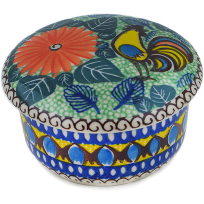 Polish Pottery Jar with Lid 4&quot; Summer Rooster UNIKAT