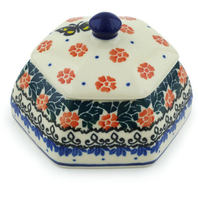 Polish Pottery Jar with Lid 4&quot; Yellow Butterfly