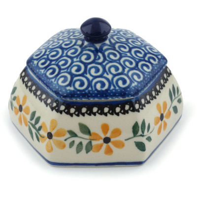Polish Pottery Jar with Lid 4&quot; Yellow Daisy Swirls