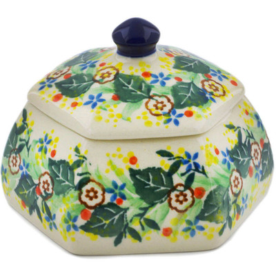 Polish Pottery Jar with Lid 4&quot; Yellow Garden UNIKAT