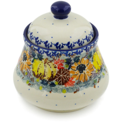 Polish Pottery Jar with Lid 5&quot; Autumn Falling Leaves UNIKAT