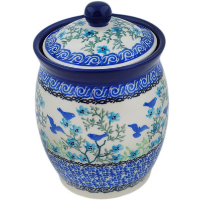 Polish Pottery Jar with Lid 5&quot; Blue Bird Flying UNIKAT