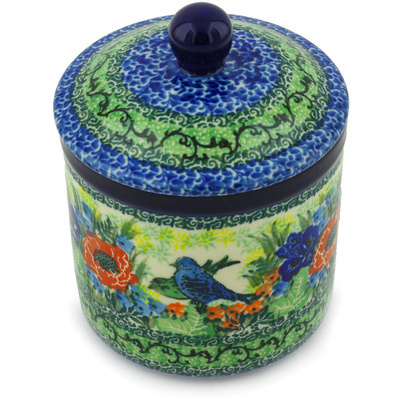 Polish Pottery Jar with Lid 5&quot; Blue Bird Meadow UNIKAT