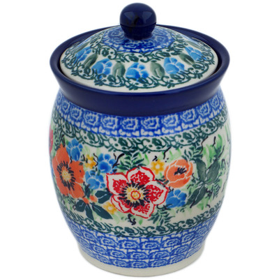 Polish Pottery Jar with Lid 5&quot; Blue Daisy Bouquet UNIKAT