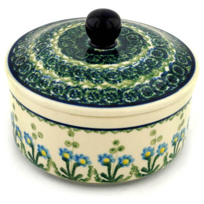 Polish Pottery Jar with Lid 5&quot; Blue Daisy Circle
