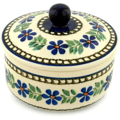 Polish Pottery Jar with Lid 5&quot; Blue Daisy Swirls
