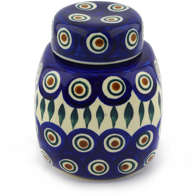 Polish Pottery Jar with Lid 5&quot; Blue Peacock