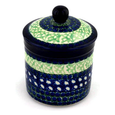 Polish Pottery Jar with Lid 5&quot; Blue Peas UNIKAT