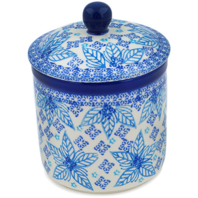 Polish Pottery Jar with Lid 5&quot; Blue Poinsettia UNIKAT