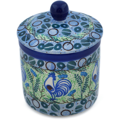 Polish Pottery Jar with Lid 5&quot; Blue Rooster UNIKAT