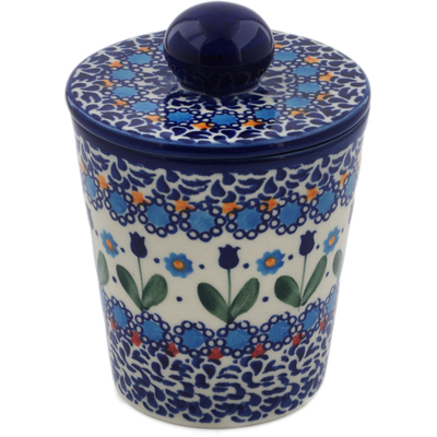 Polish Pottery Jar with Lid 5&quot; Blue Tulip Garden UNIKAT