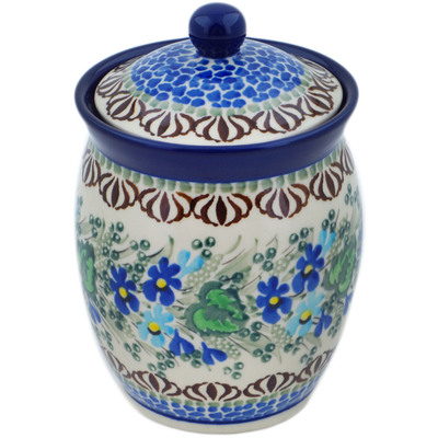 Polish Pottery Jar with Lid 5&quot; Blue Violet Garden UNIKAT