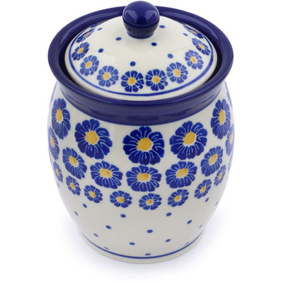 Polish Pottery Jar with Lid 5&quot; Blue Zinnia
