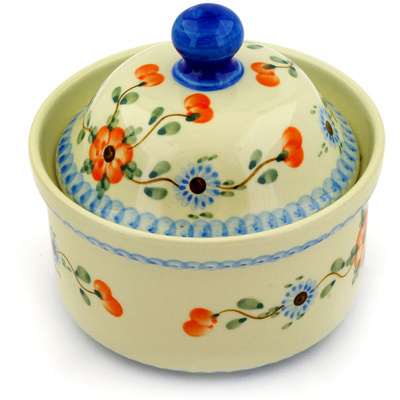 Polish Pottery Jar with Lid 5&quot; Cherry Blossoms