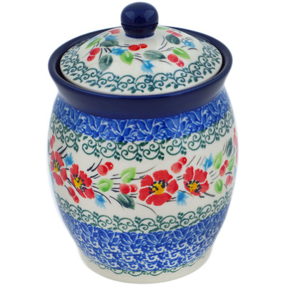Polish Pottery Jar with Lid 5&quot; Cherry Colored Florals UNIKAT