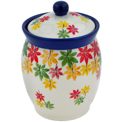 Polish Pottery Jar with Lid 5&quot; Collecting Leaves UNIKAT