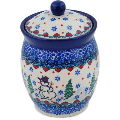Polish Pottery Jar with Lid 5&quot; Dancing Snowman UNIKAT