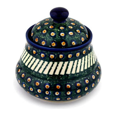 Polish Pottery Jar with Lid 5&quot; Emerald Peacock