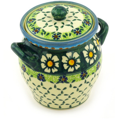 Polish Pottery Jar with Lid 5&quot; Green Daisy