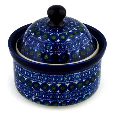 Polish Pottery Jar with Lid 5&quot; Green Peacock Eyes
