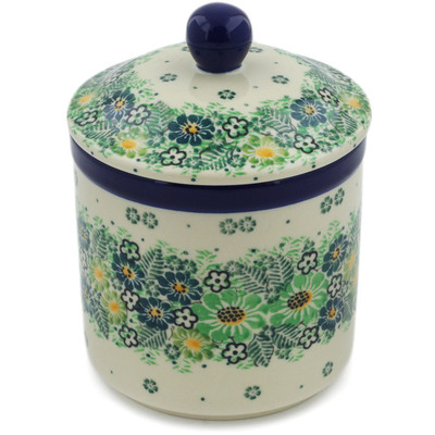 Polish Pottery Jar with Lid 5&quot; Green Wreath UNIKAT