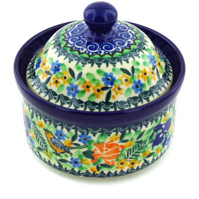 Polish Pottery Jar with Lid 5&quot; Love Bird Meadow UNIKAT