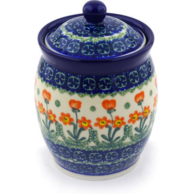 Polish Pottery Jar with Lid 5&quot; Peach Spring Daisy