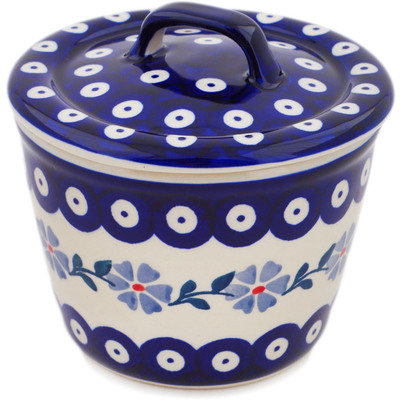 Polish Pottery Jar with Lid 5&quot; Peacock Forget-me-not