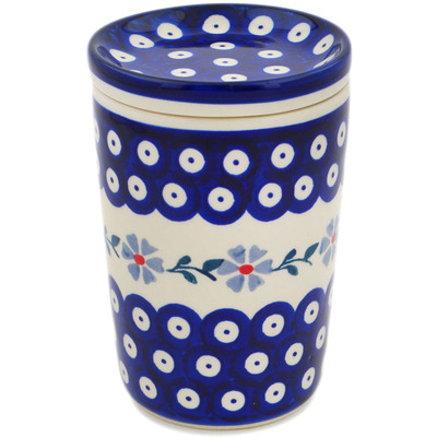 Polish Pottery Jar with Lid 5&quot; Peacock Forget-me-not
