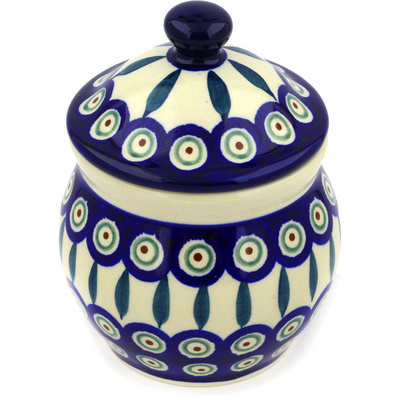Polish Pottery Jar with Lid 5&quot; Peacock Leaves