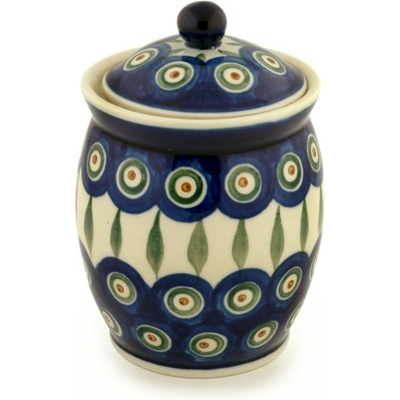 Polish Pottery Jar with Lid 5&quot; Peacock Leaves