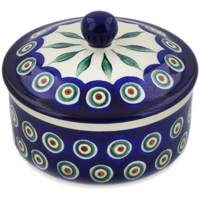 Polish Pottery Jar with Lid 5&quot; Peacock Leaves