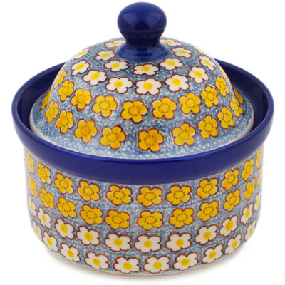 Polish Pottery Jar with Lid 5&quot; Popcorn Daisies UNIKAT