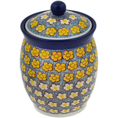Polish Pottery Jar with Lid 5&quot; Popcorn Daisies UNIKAT