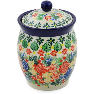 Polish Pottery Jar with Lid 5&quot; Red Bouquet UNIKAT