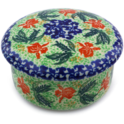 Polish Pottery Jar with Lid 5&quot; Red Hibiscus