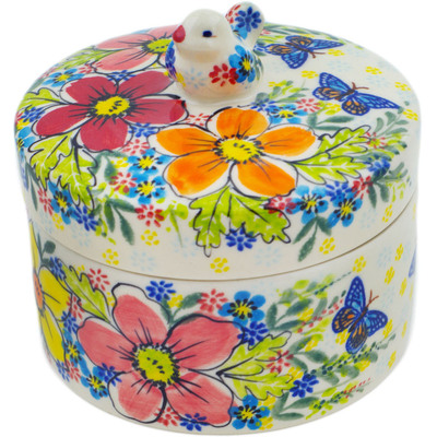 Polish Pottery Jar with Lid 5&quot; Retro Garden UNIKAT