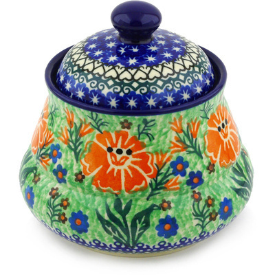 Polish Pottery Jar with Lid 5&quot; Sprouting Daisies UNIKAT
