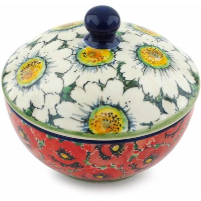 Polish Pottery Jar with Lid 5&quot; Sweet Red Petals UNIKAT