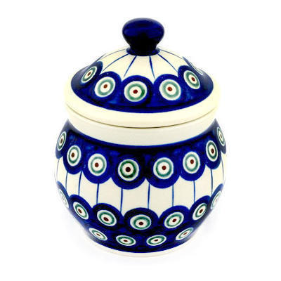 Polish Pottery Jar with Lid 5&quot; Traditional Peacock