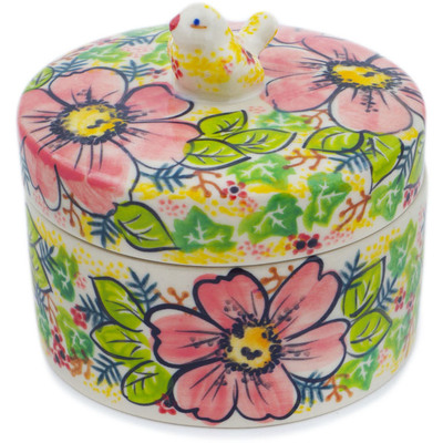 Polish Pottery Jar with Lid 5&quot; Wild Peonies UNIKAT