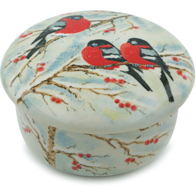 Polish Pottery Jar with Lid 5&quot; Winter Birds UNIKAT