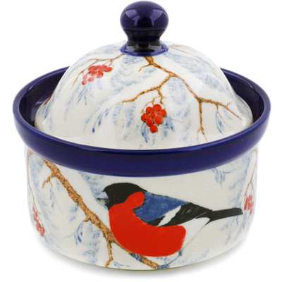 Polish Pottery Jar with Lid 5&quot; Winter Birds UNIKAT