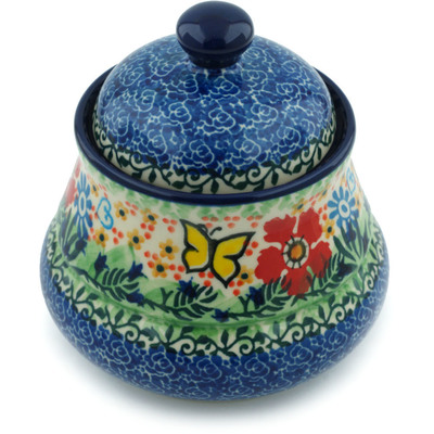 Polish Pottery Jar with Lid 5&quot; Yellow Butterfly Garden UNIKAT